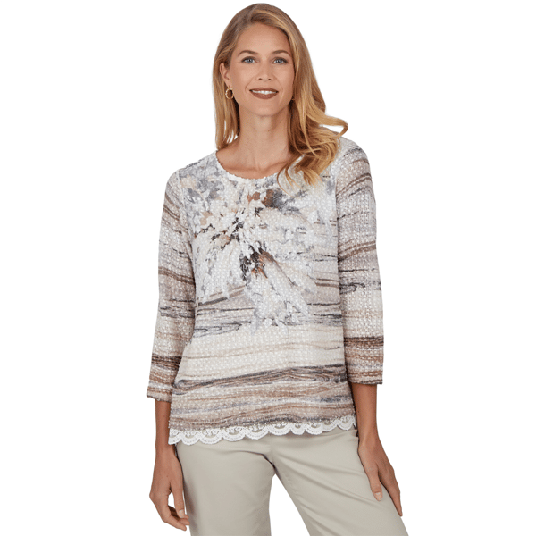 Petite Alfred Dunner Sunset Ridge Lace Hem Textured Floral Blouse