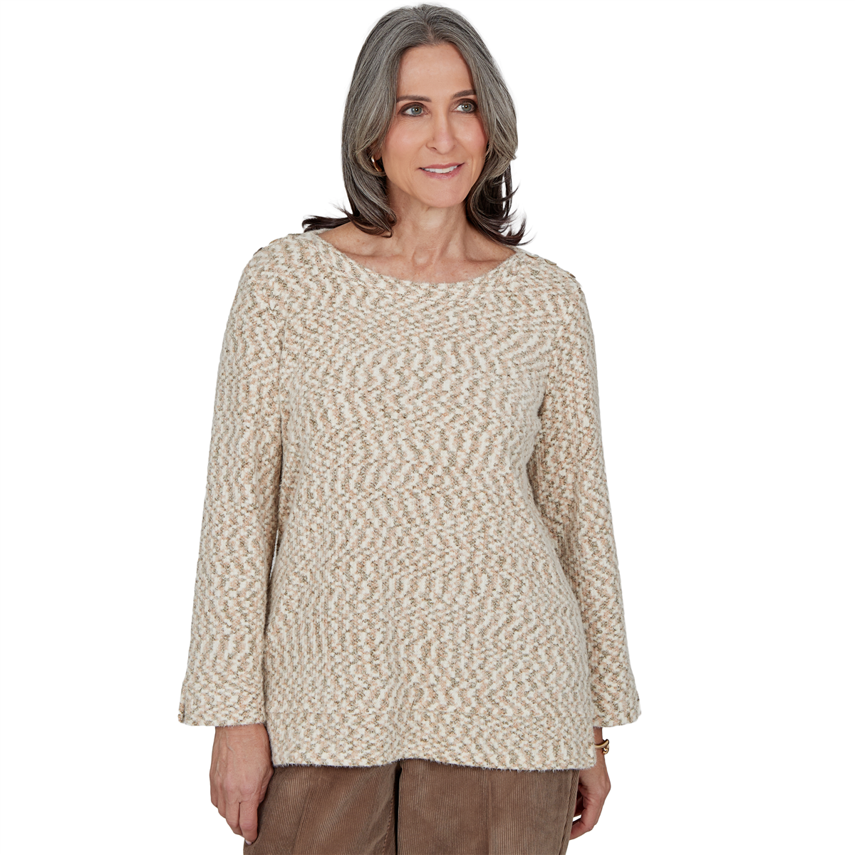 Alfred Dunner Petite Boat-Neck 3/4-Sleeve Loose Sweater - Stone