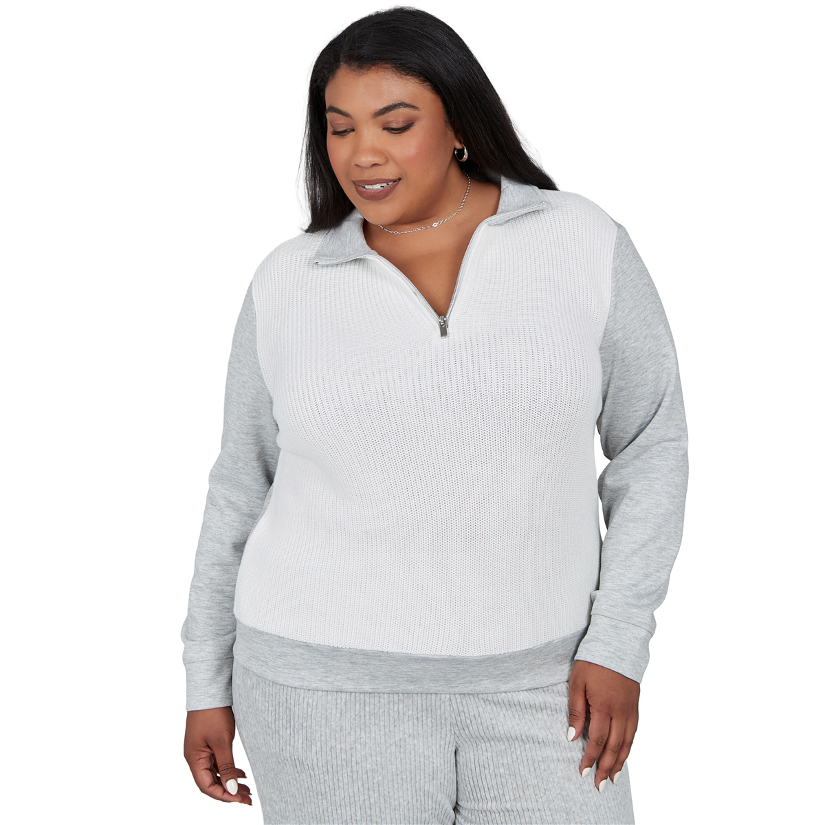 Alfred Dunner Plus Size Collared Long-Sleeve Quarter-Zip Sweater - Ivory