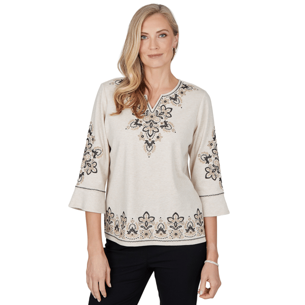 Womens Alfred Dunner Cityscape 3/4 Sleeve Embroidered Blouse