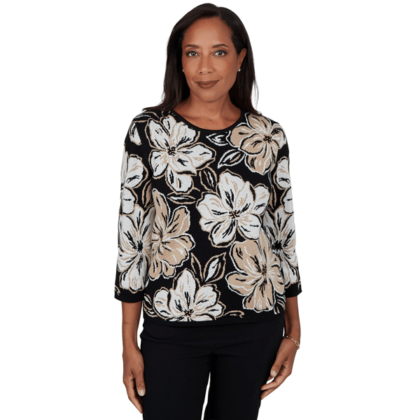 Womens Alfred Dunner Cityscape 3/4 Sleeve Large Floral Sweater