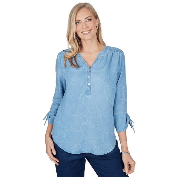 Womens Alfred Dunner Ann Arbor Embroidered Heart Henley Blouse
