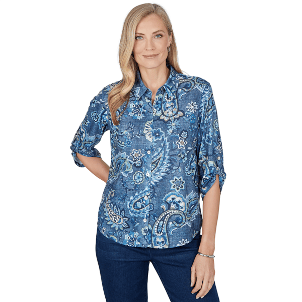 Womens Alfred Dunner Ann Arbor Roll Tab Sleeve Paisley Blouse