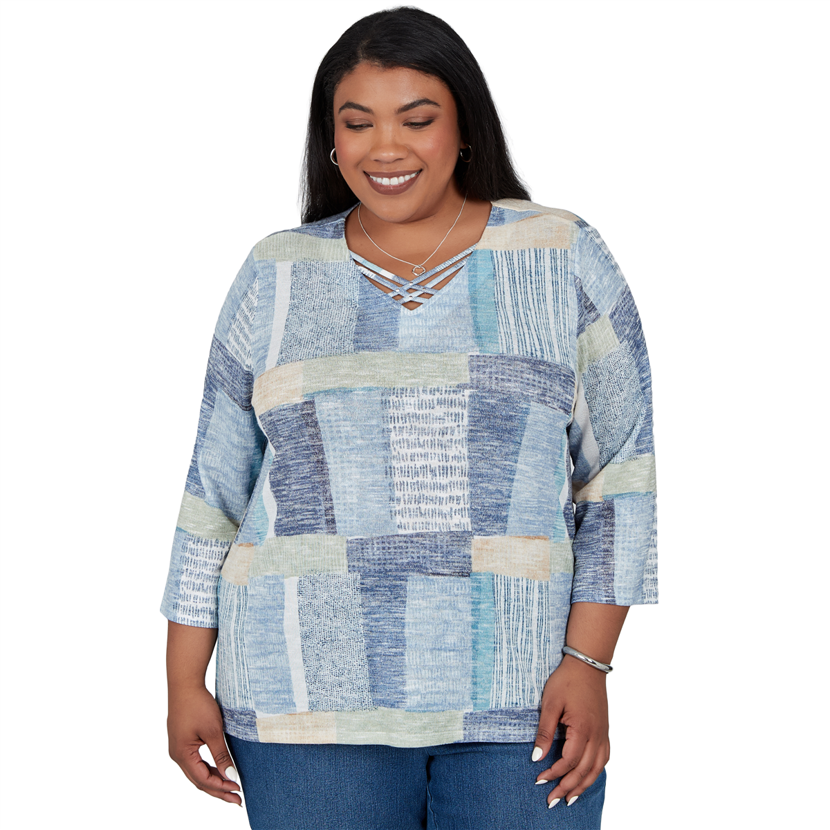 Alfred Dunner Plus Size V-Neck 3/4-Sleeve Blouse - Blue Multi