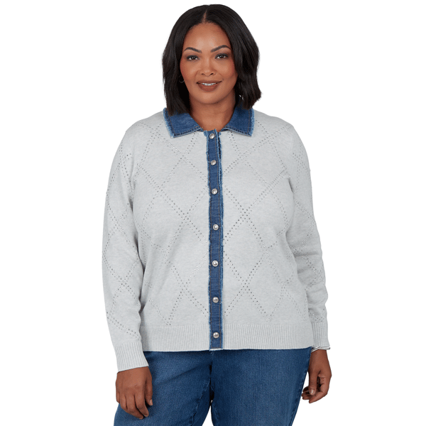 Plus Size Alfred Dunner Ann Arbor Denim Trim Rhinestone Cardigan