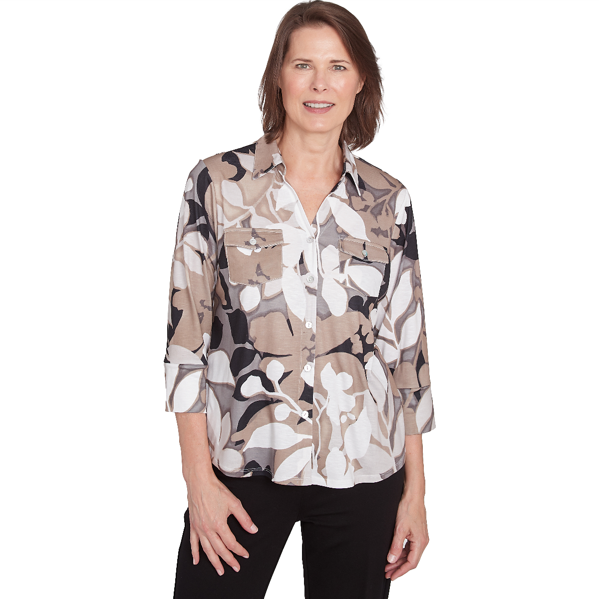 Women Alfred Dunner Romancing The Stone Leaf Casual Button Down