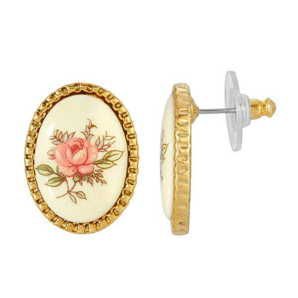 1928 Ivory Floral Decal Oval Button Stud Earrings