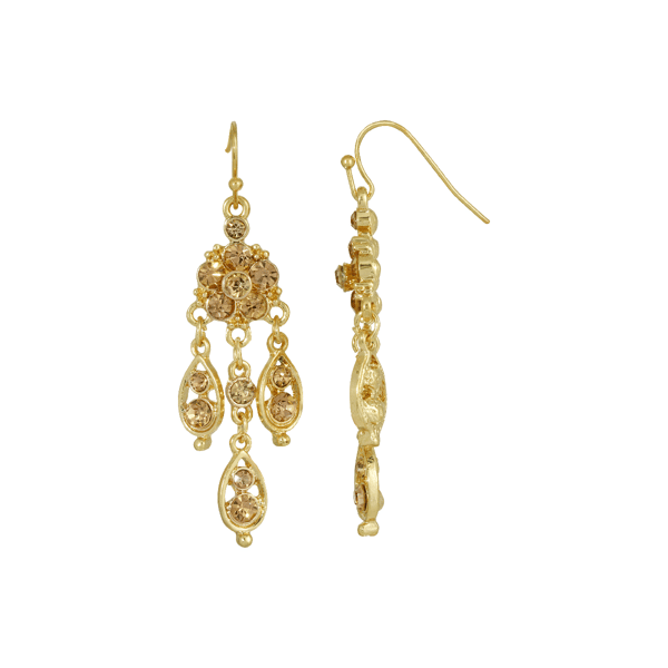 1928 Gold-Tone Crystal Flower Chandelier Earrings