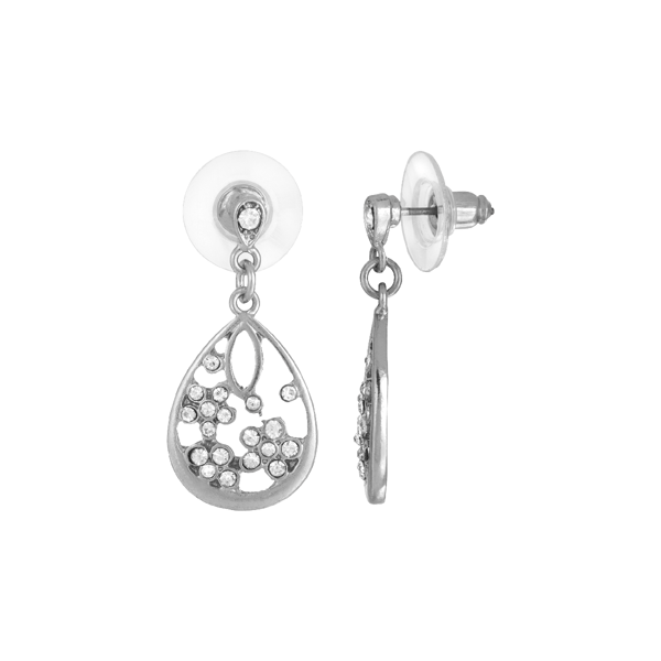 1928 Silver-Tone Crystal Floral Teardrop Earrings