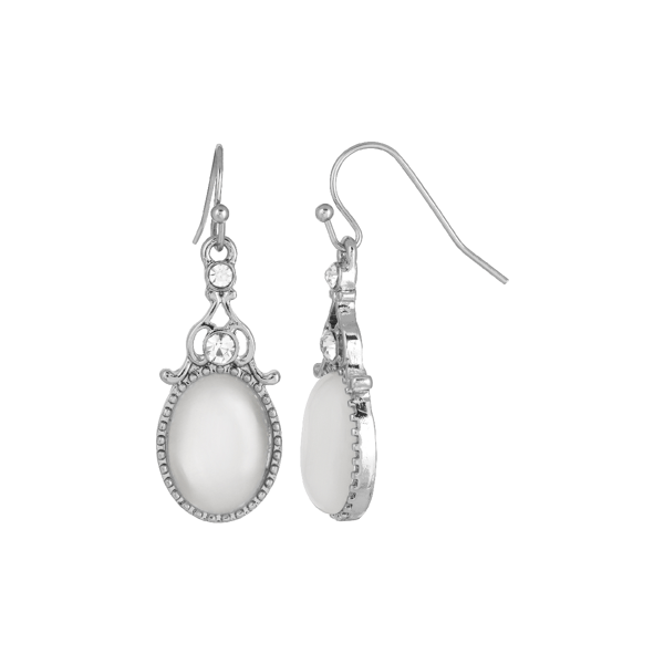 1928 Silver-Tone White Cat Eye Oval Drop Earrings