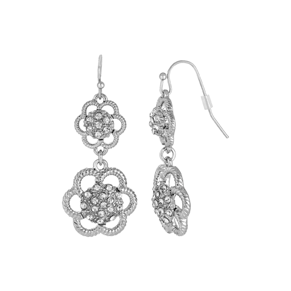 1928 Silver-Tone Crystal Flower Drop Earrings