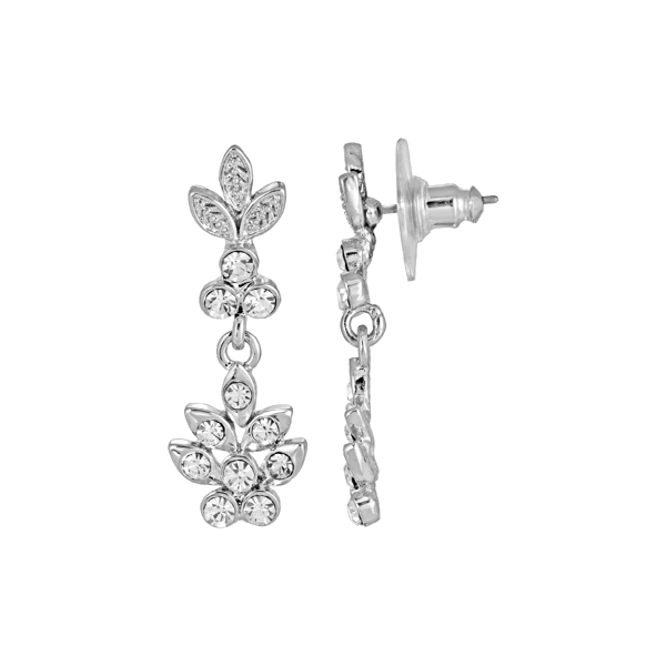 1928 Silver-Tone Floral Clear Crystal Dangle Earrings