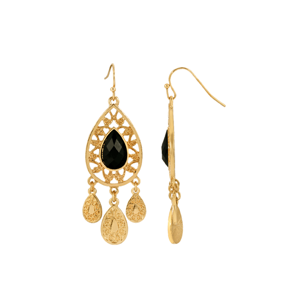 1928 Gold-Tone Black Pear Shape Chandelier Earrings