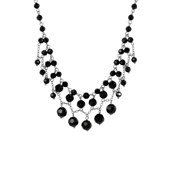 1928 Silver-Tone 16in. Black Beaded Draped Necklace