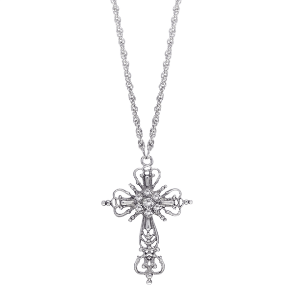 1928 30in. Silver-Tone Crystal Cross Necklace