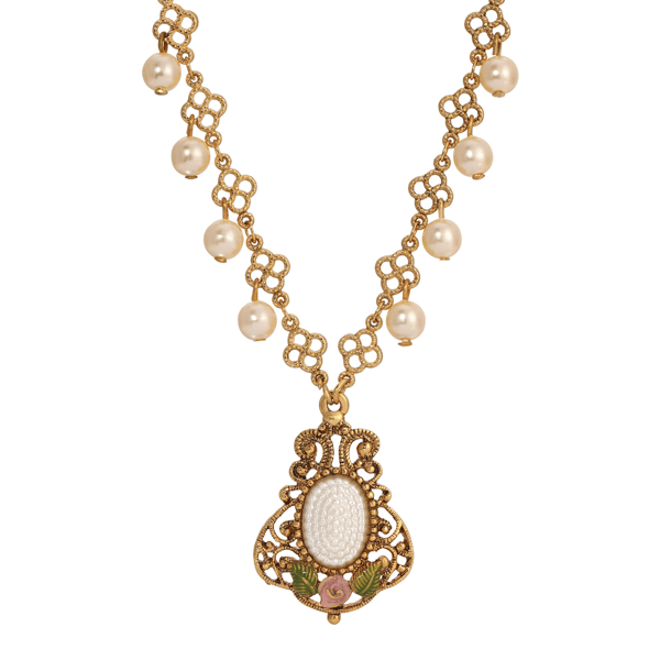 1928 Gold-Tone Faux Pearl Pink Rose Enamel Necklace