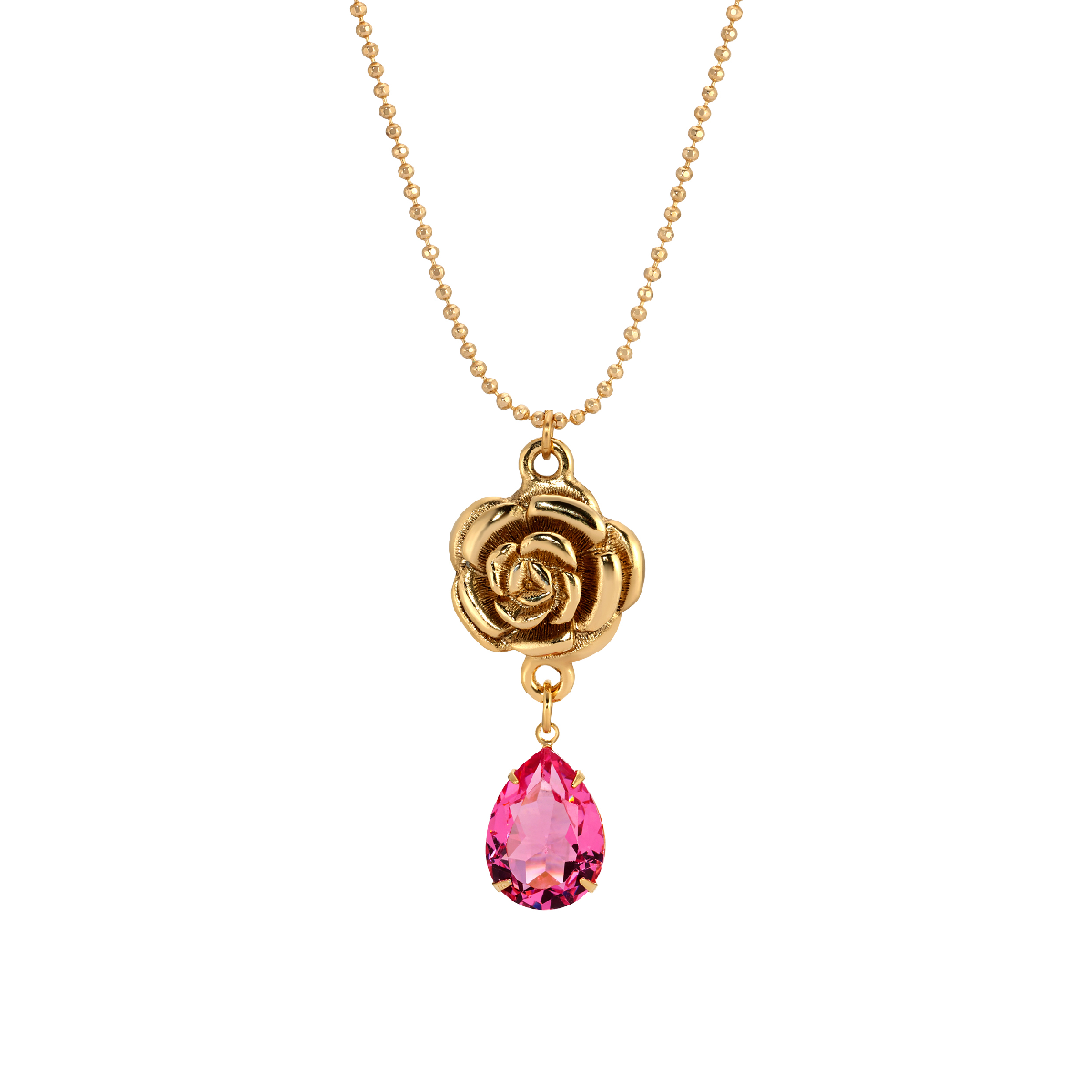 1928 Gold-Tone Floral Pendant Pink Glass Drop Pendant