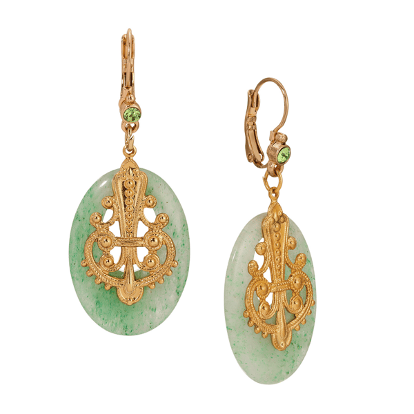 1928 Gold-Tone Oval Semi-Precious Filigree Earrings