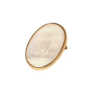 1928 Oval Flower & Bird Etched Mother Of Pearl Pin