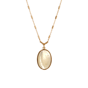 1928 Oval Flower & Bird Etched Mother of Pearl Pendant