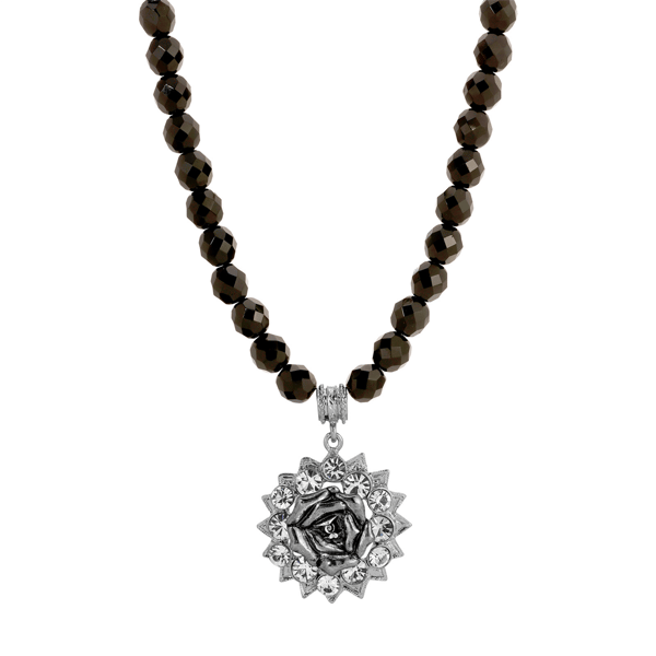 1928 Black Beaded Silver-Tone Crystal Rose Pendant