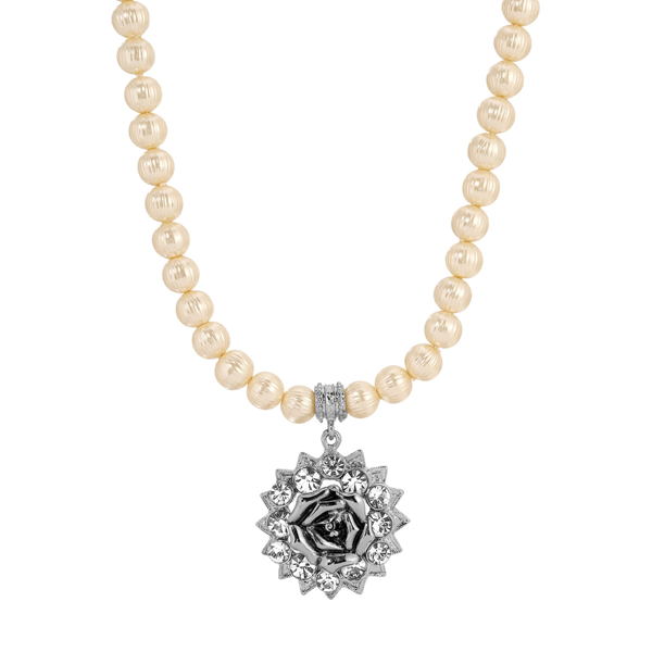 1928 Ivory Faux Pearl Silver-Tone Crystal Rose Pendant