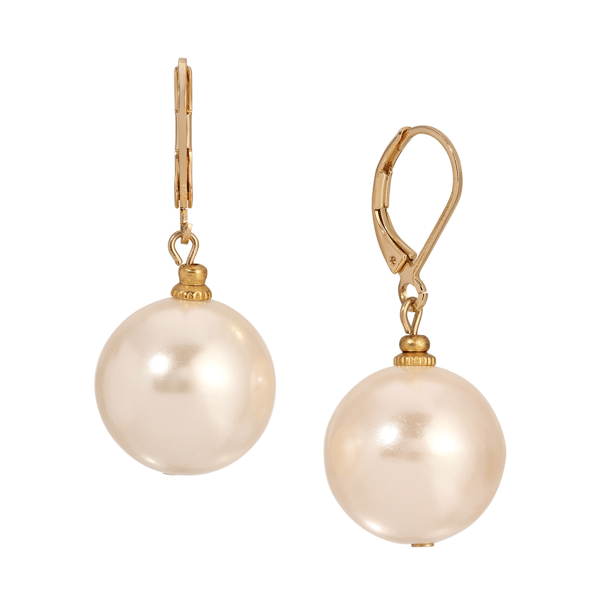 1928 Gold-Tone Round White Faux Pearl Drop Earrings