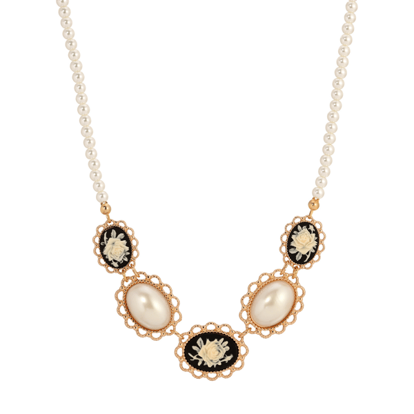 1928 Black & Ivory Rose Cameo Bib Necklace
