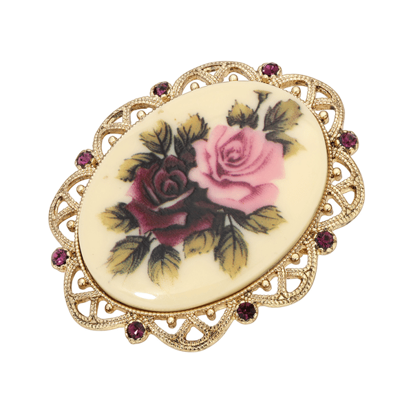 1928 Gold-Tone Amethyst Crystal Oval Rose Brooch