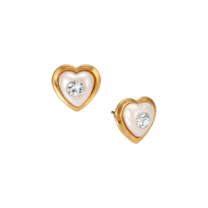 1928 Gold-Tone Faux Pearl Heart Crystal Stud Earrings