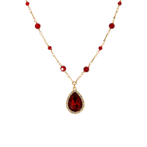 1928 Gold-Tone Beaded Siam Red Teardrop Pendant