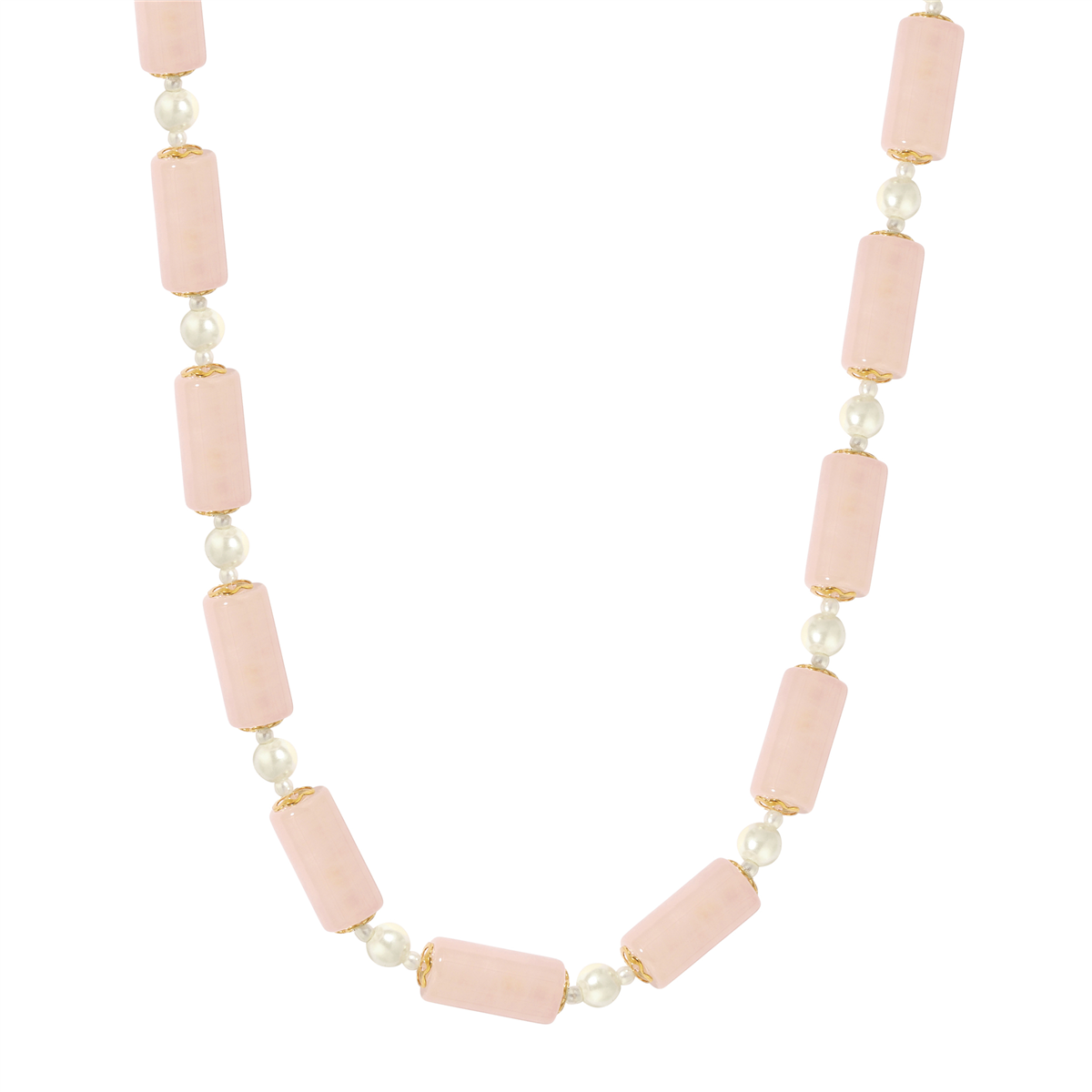 1928 Semi-Precious Rose Quartz Tube & Faux Pearl Bead Necklace