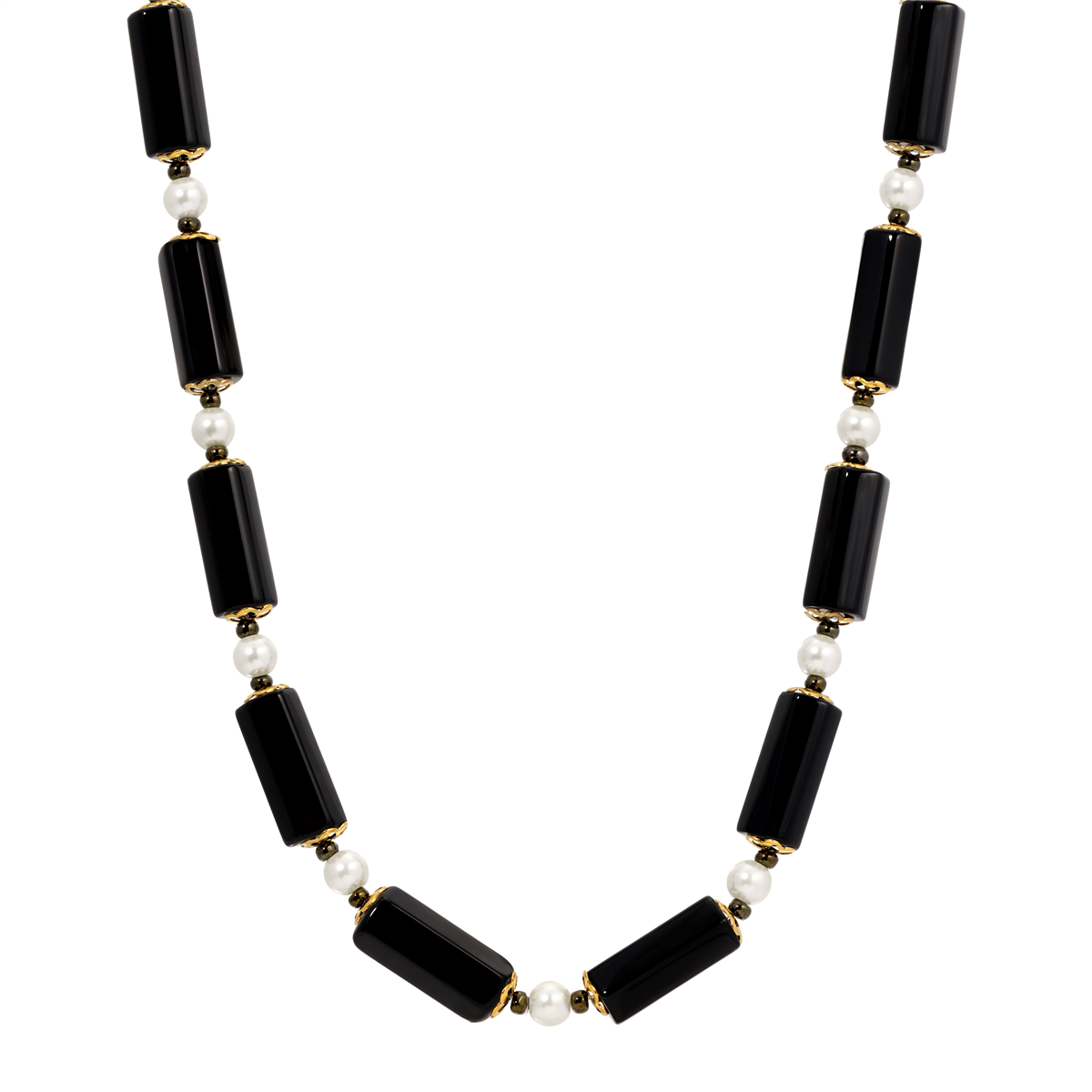 1928 Semi-Precious Onyx Tube & Faux Pearl Bead Necklace
