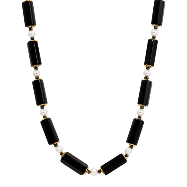 1928 Semi-Precious Onyx Tube & Faux Pearl Bead Necklace