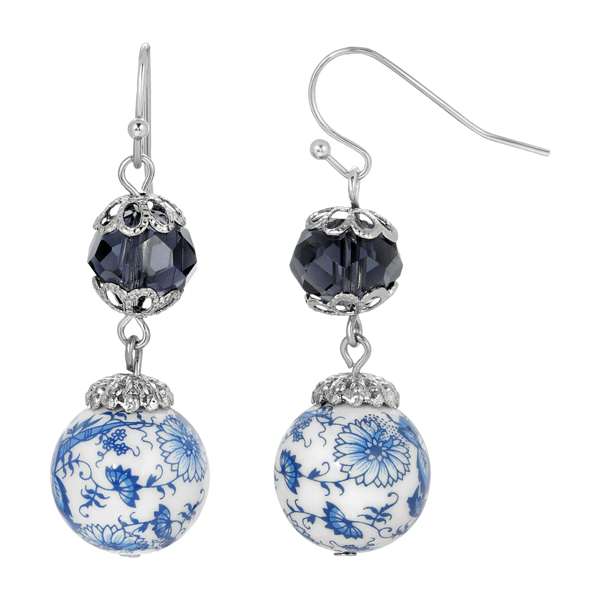 1928 Dark Blue and Blue Willow Beaded Drop Earrings
