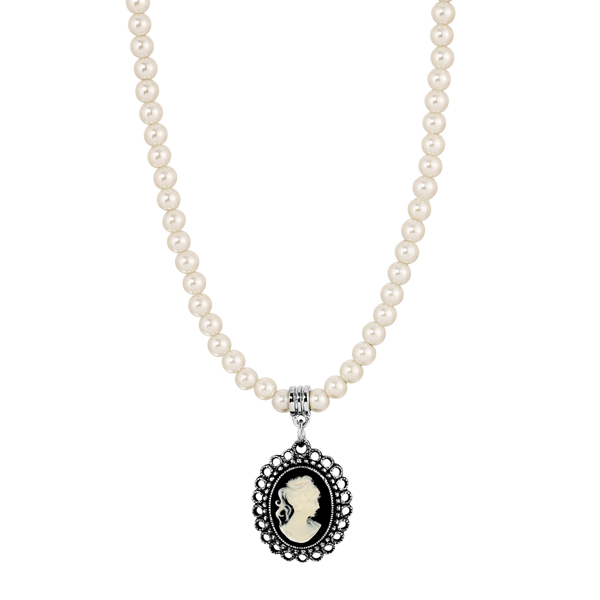 1928 Faux Pearl Black Oval Cameo Necklace