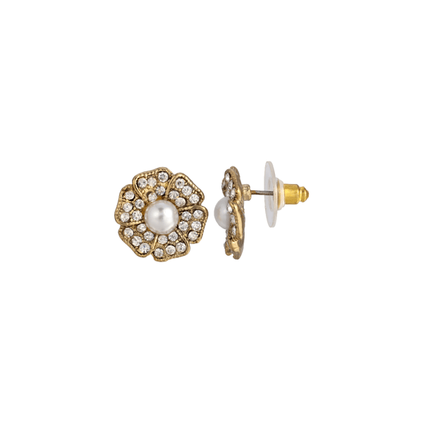 1928 Crystal & Faux Pearl Floral Button Stud Earrings