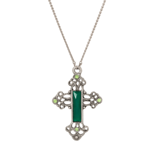 Symbols of Faith Pewter Silver-Tone Green Cross 30in. Necklace