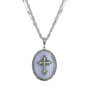 Symbols of Faith Blue Pewter Cross Oval Semi-Precious Necklace