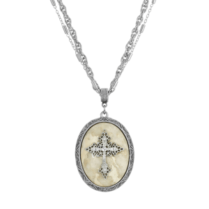 Symbols of Faith Pewter Cross Oval Semi-Precious Necklace