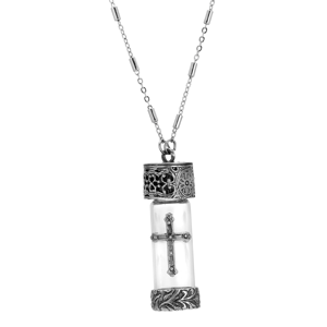 Symbols of Faith Antique Pewter Glass Cross Vial Necklace