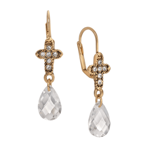 Symbols of Faith Gold-Tone Crystal Cross White Glass Earrings