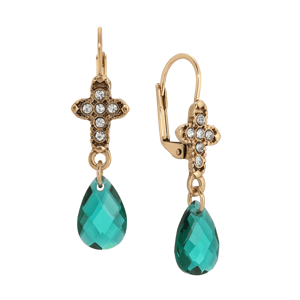 Symbols of Faith Gold-Tone Crystal Cross Green Glass Earrings