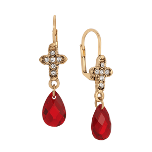 Symbols of Faith Gold-Tone Crystal Cross Red Glass Drop Earrings