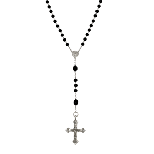 Symbols of Faith Black Glass Bead with Pewter Crucifix Rosary