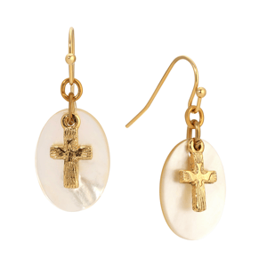 Symbols of Faith Gold-Tone Cross Mother Of Pearl Wire Earrings