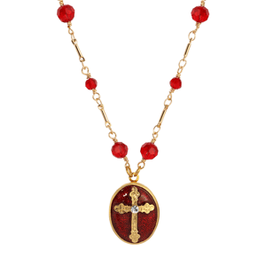 Symbols of Faith Enamel Cross Oval Locket Beaded Chain Necklace