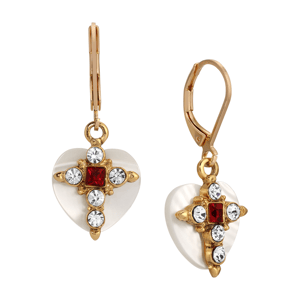 Symbols of Faith Gold-Tone MOP Heart Cross Leverback Earrings