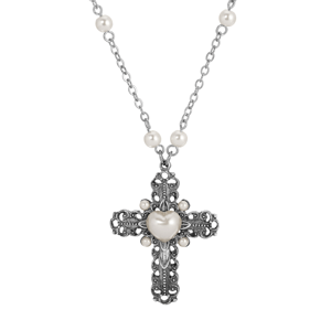 Symbols of Faith Silve-Tone Cross Heart Faux Pearl Necklace