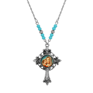 Symbols of Faith Silver-Tone Cross Mary & Child Decal Necklace